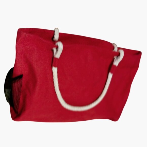Red Canvas Drawstring Tote Bag Beachy Coastal - Picture 2 of 9
